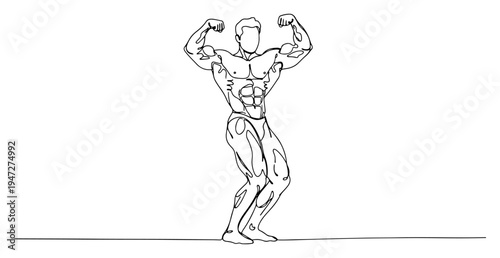 Muscular bodybuilder posing to show off physique in minimalist continuous line art style