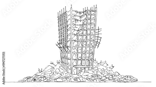 Ruined skyscraper building surrounded by rubble and abandoned cars in continuous line art style
