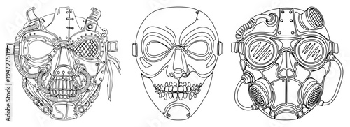 Post-apocalyptic gas masks and protective helmets for survival in detailed line art style