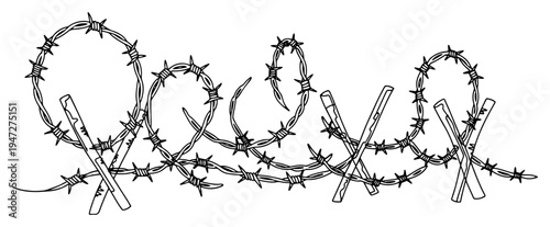 Barbed wire fence tangled around wooden posts in minimalist continuous line art style