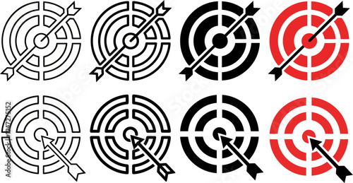  Target icon with arrow in center symbolizing goal, focus and accuracy. Bullseye pictogram for success, achievement, strategy and direction. Ideal for planning, performance, and business goals concept