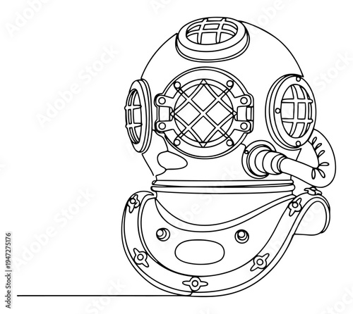 Vintage deep sea diving helmet for underwater exploration in minimalist continuous line art style