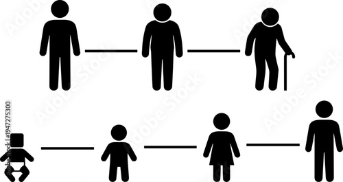 Human life stages silhouette icon set vector illustration featuring growth from infancy to adulthood and aging progression