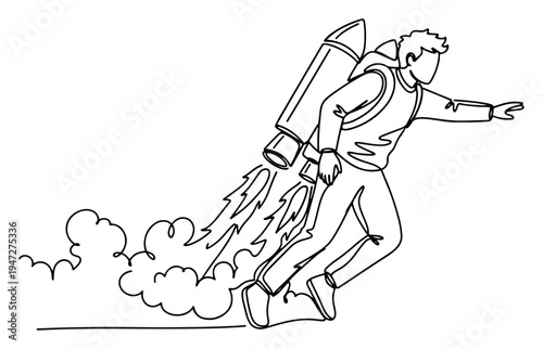Man flying with a rocket jetpack on his back in minimalist continuous line art style