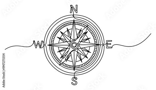 Nautical compass rose with directional indicators in minimalist continuous line art style