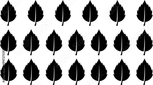 Leaf silhouette vector illustration collection, twenty black icons showing decorative foliage shapes with pointed tips and central veins