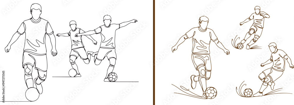 Fototapeta premium Brown and black line art vector of soccer players in action. Features athletes dribbling, sprinting, and striking the ball with artistic motion lines, capturing high-energy football maneuvers.