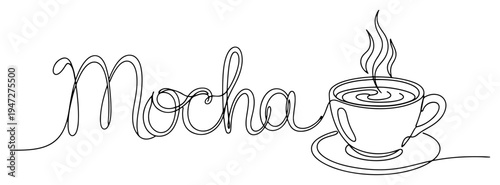 Mocha coffee cup with steam and decorative script lettering in minimalist continuous line art style