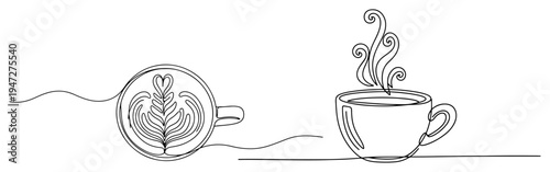 Latte art heart pattern and steaming cup of coffee in minimalist continuous line art style