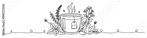 Herbal tea mug with fresh mint lavender and chamomile in minimalist continuous line art style