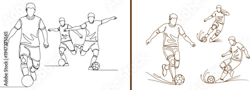 Brown and black line art vector of soccer players in action. Features athletes dribbling, sprinting, and striking the ball with artistic motion lines, capturing high-energy football maneuvers.
