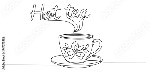 Hot tea cup with floral pattern and steam text in minimalist continuous line art style