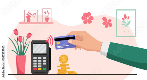 Contactless payment with credit card at point of sale terminal, flowers and coins