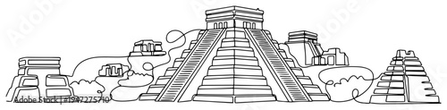 Chichen Itza Mayan pyramid and ancient ruins in minimalist continuous line art style
