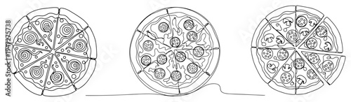 Pizza collection with different toppings in minimalist continuous line art style