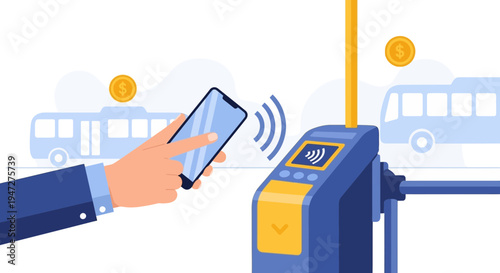 Contactless payment with smartphone at bus fare gate, public transport ticket machine