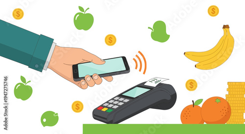 Contactless payment with smartphone at grocery store, fruits, coins, and POS terminal