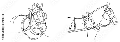 Horse heads wearing harness and bridle in continuous line art style