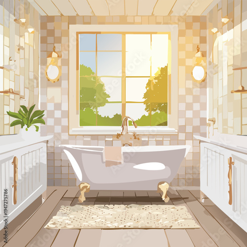 Elegant bathroom interior with a freestanding bathtub and large window