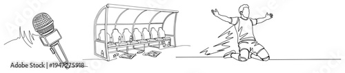 Soccer broadcasting elements including microphone team bench and goal celebration in continuous line art style