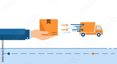 Delivery service: hand passing package to fast moving truck, logistics concept