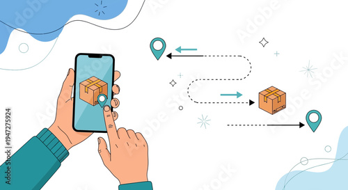 Delivery tracking app on smartphone, package delivery route with pins and arrows