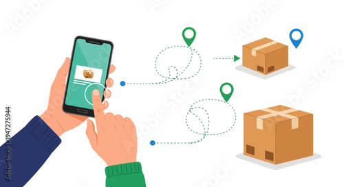 Delivery tracking app on smartphone, package delivery route, logistics, shipping, e-commerce