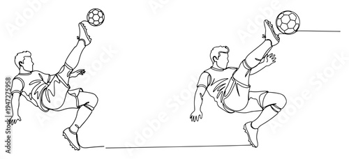 Soccer players performing acrobatic bicycle kicks with ball in continuous line art style