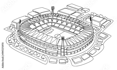 Sports stadium arena with football field and surrounding city buildings in minimalist continuous line art style