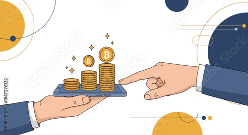 Hands exchanging bitcoin coins on smartphone, financial growth concept