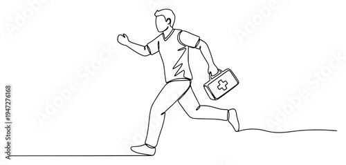 Medic running with first aid kit to provide emergency assistance in continuous line art style