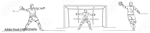 Soccer goalkeeper defending the net against an attacking player in minimalist line art style