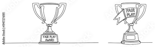 Fair play award trophies for sportsmanship and ethical behavior in continuous line art style