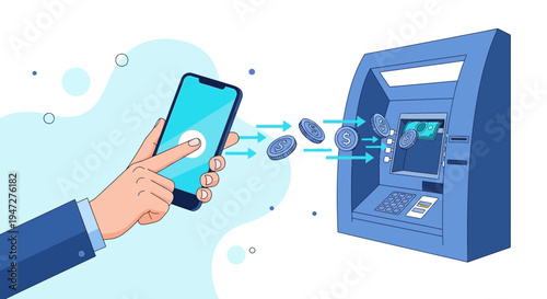 Mobile ATM Withdrawal: Smartphone Payment Transferring Money to Automated Teller Machine