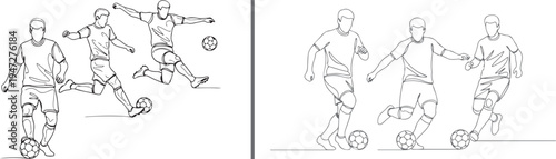 Black and white line art vector showing soccer players in dynamic motion. Features athletes dribbling, running, and shooting, capturing the high-energy essence of a football match.