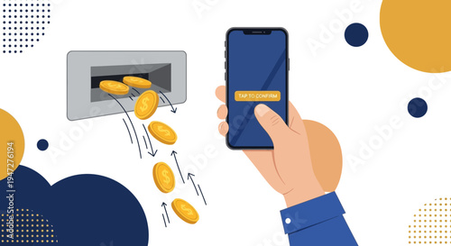 Mobile Banking App: Coins Flowing from ATM to Smartphone for Digital Payments