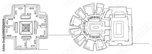 Architectural floor plans for a building and stadium in minimalist continuous line art style