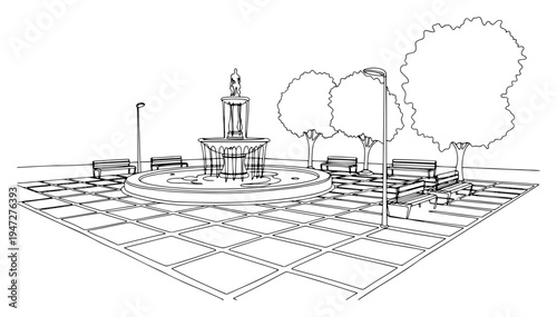 Public park square with a central fountain and benches in detailed line art style