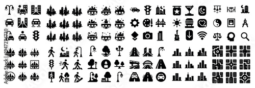 Urban icons with bridge car building minimal bold