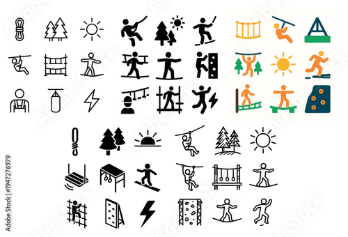 Adventure icons with trees zipline person minimal