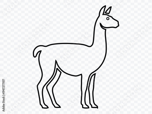 A simple black line drawing of a llama standing sideways and still.