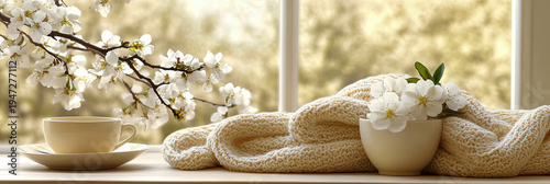 Serene scene of teacup and saucer beside cozy blanket adorned with delicate white blossoms, viewed through window with soft, diffused light, evoking spring tranquility and comfort