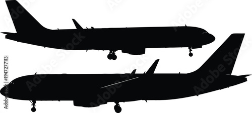 Airplane silhouettes illustration, commercial aircraft vector art, landing and takeoff concept, aviation design, flight transportation, travel industry representation