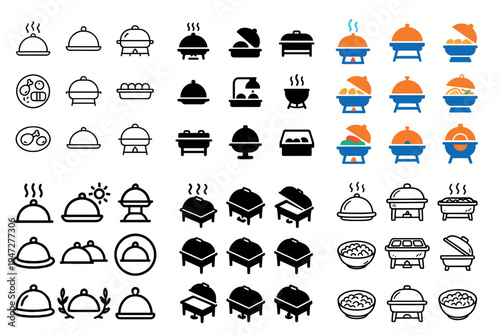 Restaurant icons with cloche buffet bowl flat