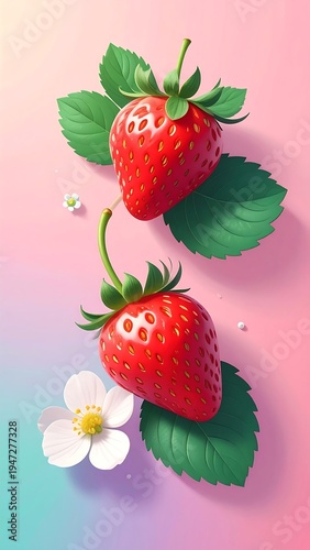 Two ripe red berries, attached by green stem, with bright green leaves and a delicate white flower against colorful background