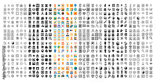 Finance icons with bank and judge colorful outline