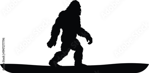 Black silhouette illustration of Bigfoot Sasquatch standing on snowboard in walking pose, humorous mythical creature design suitable for art, recognition, education