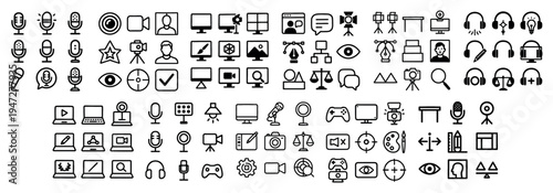 Media icons with microphone camera monitor outline
