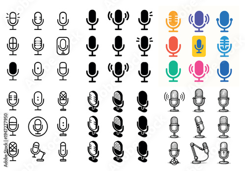 Audio icons with microphone and stand colorful