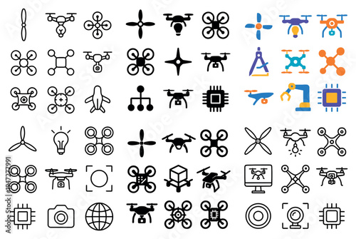 Drone icons with propeller camera quadcopter outline